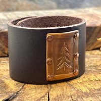 Pine Tree Evergreen, Copper & Leather Cuff Bracelet, Tree of Life, Hand Carved, Brown Leather Adjustable Cuff, Size 6.75-8, Earthy Rustic