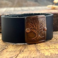 Tree of Life, Copper & Leather Cuff Bracelet, Unisex Jewelry, Hand Carved, Black Leather Adjustable Cuff, Size 6.75-8, Earthy Rustic Jewelry