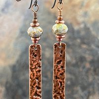 Copper Textured Earrings, Czech Glass Beads, Hypoallergenic Ear Wires, Earthy Rustic,  Light Long Skinny Earrings, Boho Earthy Style