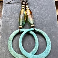 Bronze Hoop Earrings, Verdigris Patina, Czech Glass Beads, Hypoallergenic, Earthy Boho Jewelry, Aqua Turquoise Blue, Handmade Art Jewelry