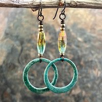 Bronze Hoop Earrings, Verdigris Patina, Czech Glass Beads, Hypoallergenic, Earthy Boho Jewelry, Aqua Turquoise Blue, Handmade Art Jewelry