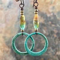 Bronze Hoop Earrings, Verdigris Patina, Czech Glass Beads, Hypoallergenic, Earthy Boho Jewelry, Aqua Turquoise Blue, Handmade Art Jewelry