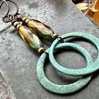 Bronze Hoop Earrings, Verdigris Patina, Czech Glass Beads, Hypoallergenic, Earthy Boho Jewelry, Aqua Turquoise Blue, Handmade Art Jewelry