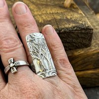 Silver Tree Ring, Sterling Silver 960, Two Trees, Irish Celtic Spirals, Shied Ring, Statement Jewelry, Druid Pagan, Earthy Rustic Jewelry