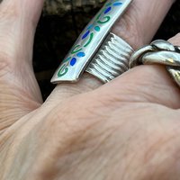 Silver Enamel Ring, Flowering Vine Shield Ring, Fine Silver 999, Statement Ring, Colorful Glass, Wave Wide Band, Hand Crafted Art Jewelry