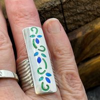 Silver Enamel Ring, Flowering Vine Shield Ring, Fine Silver 999, Statement Ring, Colorful Glass, Wave Wide Band, Hand Crafted Art Jewelry