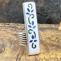 Silver Enamel Ring, Flowering Vine Shield Ring, Fine Silver 999, Statement Ring, Colorful Glass, Wave Wide Band, Hand Crafted Art Jewelry