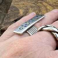 Silver Enamel Ring, Flowering Vine Shield Ring, Fine Silver 999, Statement Ring, Colorful Glass, Wave Wide Band, Hand Crafted Art Jewelry