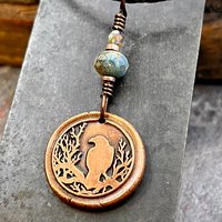 Raven Tree Pendant, Copper Crow Charm, Blackbirds Corvids, Celtic Witch Necklace, Czech Glass Beads, Wax Seal Charm, Spirals, Earthy Rustic