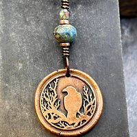 Raven Tree Pendant, Copper Crow Charm, Blackbirds Corvids, Celtic Witch Necklace, Czech Glass Beads, Wax Seal Charm, Spirals, Earthy Rustic