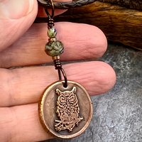 Copper Owl Charm, Wise Owl Necklace, Wax Seal Jewelry, Pagan Witch Pendant, Handmade Art Jewelry, Leather & Vegan Cords, Bird Lover Gift