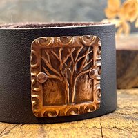Tree of Life, Copper & Leather Cuff Bracelet, Unisex Jewelry, Hand Carved, Brown Leather Adjustable Cuff, Size 6.75-8, Earthy Rustic Jewelry