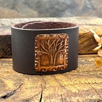 Tree of Life, Copper & Leather Cuff Bracelet, Unisex Jewelry, Hand Carved, Brown Leather Adjustable Cuff, Size 6.75-8, Earthy Rustic Jewelry