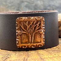 Tree of Life, Copper & Leather Cuff Bracelet, Unisex Jewelry, Hand Carved, Brown Leather Adjustable Cuff, Size 6.75-8, Earthy Rustic Jewelry