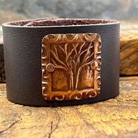 Tree of Life, Copper & Leather Cuff Bracelet, Unisex Jewelry, Hand Carved, Brown Leather Adjustable Cuff, Size 6.75-8, Earthy Rustic Jewelry