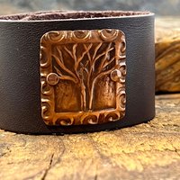 Tree of Life, Copper & Leather Cuff Bracelet, Unisex Jewelry, Hand Carved, Brown Leather Adjustable Cuff, Size 6.75-8, Earthy Rustic Jewelry