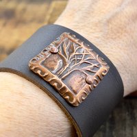 Tree of Life, Copper & Leather Cuff Bracelet, Unisex Jewelry, Hand Carved, Brown Leather Adjustable Cuff, Size 6.75-8, Earthy Rustic Jewelry