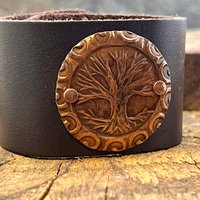 Tree of Life, Copper & Leather Cuff Bracelet, Unisex Jewelry, Hand Carved, Brown Leather Adjustable Cuff, Size 6.75-8, Earthy Rustic Jewelry