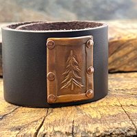 Pine Tree Evergreen, Copper & Leather Cuff Bracelet, Tree of Life, Hand Carved, Brown Leather Adjustable Cuff, Size 6.75-8, Earthy Rustic