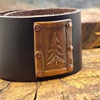 Pine Tree Evergreen, Copper & Leather Cuff Bracelet, Tree of Life, Hand Carved, Brown Leather Adjustable Cuff, Size 6.75-8, Earthy Rustic