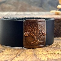Tree of Life, Copper & Leather Cuff Bracelet, Unisex Jewelry, Hand Carved, Black Leather Adjustable Cuff, Size 6.75-8, Earthy Rustic Jewelry
