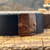 Tree of Life, Copper & Leather Cuff Bracelet, Unisex Jewelry, Hand Carved, Black Leather Adjustable Cuff, Size 6.75-8, Earthy Rustic Jewelry