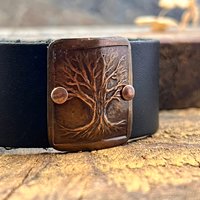 Tree of Life, Copper & Leather Cuff Bracelet, Unisex Jewelry, Hand Carved, Black Leather Adjustable Cuff, Size 6.75-8, Earthy Rustic Jewelry