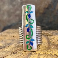 Silver Enamel Ring, Flowering Vine Shield Ring, Fine Silver 999, Statement Ring, Colorful Glass, Wave Wide Band, Hand Crafted Art Jewelry