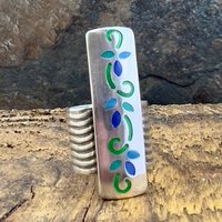 Silver Enamel Ring, Flowering Vine Shield Ring, Fine Silver 999, Statement Ring, Colorful Glass, Wave Wide Band, Hand Crafted Art Jewelry
