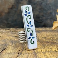 Silver Enamel Ring, Flowering Vine Shield Ring, Fine Silver 999, Statement Ring, Colorful Glass, Wave Wide Band, Hand Crafted Art Jewelry