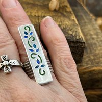 Silver Enamel Ring, Flowering Vine Shield Ring, Fine Silver 999, Statement Ring, Colorful Glass, Wave Wide Band, Hand Crafted Art Jewelry