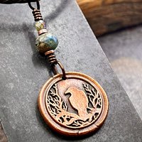 Raven Tree Pendant, Copper Crow Charm, Blackbirds Corvids, Celtic Witch Necklace, Czech Glass Beads, Wax Seal Charm, Spirals, Earthy Rustic