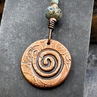Raven Tree Pendant, Copper Crow Charm, Blackbirds Corvids, Celtic Witch Necklace, Czech Glass Beads, Wax Seal Charm, Spirals, Earthy Rustic