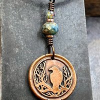 Raven Tree Pendant, Copper Crow Charm, Blackbirds Corvids, Celtic Witch Necklace, Czech Glass Beads, Wax Seal Charm, Spirals, Earthy Rustic