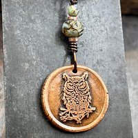 Copper Owl Charm, Wise Owl Necklace, Wax Seal Jewelry, Pagan Witch Pendant, Handmade Art Jewelry, Leather & Vegan Cords, Bird Lover Gift