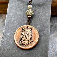 Copper Owl Charm, Wise Owl Necklace, Wax Seal Jewelry, Pagan Witch Pendant, Handmade Art Jewelry, Leather & Vegan Cords, Bird Lover Gift