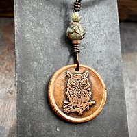 Copper Owl Charm, Wise Owl Necklace, Wax Seal Jewelry, Pagan Witch Pendant, Handmade Art Jewelry, Leather & Vegan Cords, Bird Lover Gift