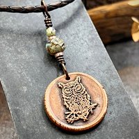 Copper Owl Charm, Wise Owl Necklace, Wax Seal Jewelry, Pagan Witch Pendant, Handmade Art Jewelry, Leather & Vegan Cords, Bird Lover Gift