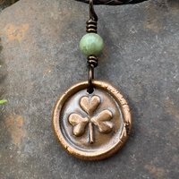 Shamrock Clover Charm, Copper Wax Seal Charm, Connemara Marble, Irish Celtic Jewelry, Leather & Vegan Cords, Handmade, Soul Harbor Jewelry