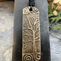 Tree of Life Bronze Pendant, Irish Celtic Jewelry, Long Tree Necklace, Celtic Spirals, Sliding Knot Leather Cord, Hand Carved Designs