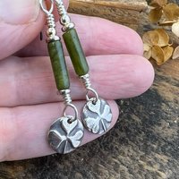 Shamrock Earrings, Connemara Marble, Irish Shamrock, Irish Celtic Jewelry, Clover Earrings, Sterling Silver, Silver and Green, Anniversary