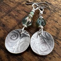 Sterling Silver Disc Earrings, Brushed Silver, Spirals, Blue Czech Glass, Niobium Ear Wires, Hypoallergenic, Concave Disc Earrings, Handmade