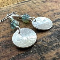 Sterling Silver Disc Earrings, Brushed Silver, Spirals, Blue Czech Glass, Niobium Ear Wires, Hypoallergenic, Concave Disc Earrings, Handmade