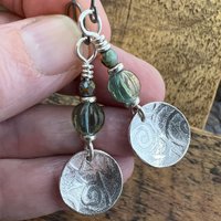 Sterling Silver Disc Earrings, Brushed Silver, Spirals, Blue Czech Glass, Niobium Ear Wires, Hypoallergenic, Concave Disc Earrings, Handmade