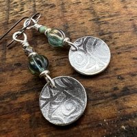 Sterling Silver Disc Earrings, Brushed Silver, Spirals, Blue Czech Glass, Niobium Ear Wires, Hypoallergenic, Concave Disc Earrings, Handmade