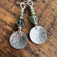Sterling Silver Disc Earrings, Brushed Silver, Spirals, Blue Czech Glass, Niobium Ear Wires, Hypoallergenic, Concave Disc Earrings, Handmade