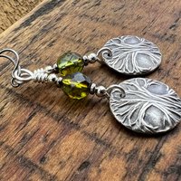 Tree of Life, Sterling Silver Earrings, Tree Branches, Czech Glass, Niobium Ear Wires, Hypoallergenic, Round Disc, Green Tree Witch, Druid