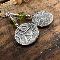 Tree of Life, Sterling Silver Earrings, Tree Branches, Czech Glass, Niobium Ear Wires, Hypoallergenic, Round Disc, Green Tree Witch, Druid