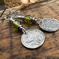 Trinity Knot, Sterling Silver Earrings, Irish Celtic, Czech Glass, Niobium Ear Wires, Hypoallergenic, Round Disc, Green Tree Witch, Druid
