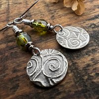 Trinity Knot, Sterling Silver Earrings, Irish Celtic, Czech Glass, Niobium Ear Wires, Hypoallergenic, Round Disc, Green Tree Witch, Druid